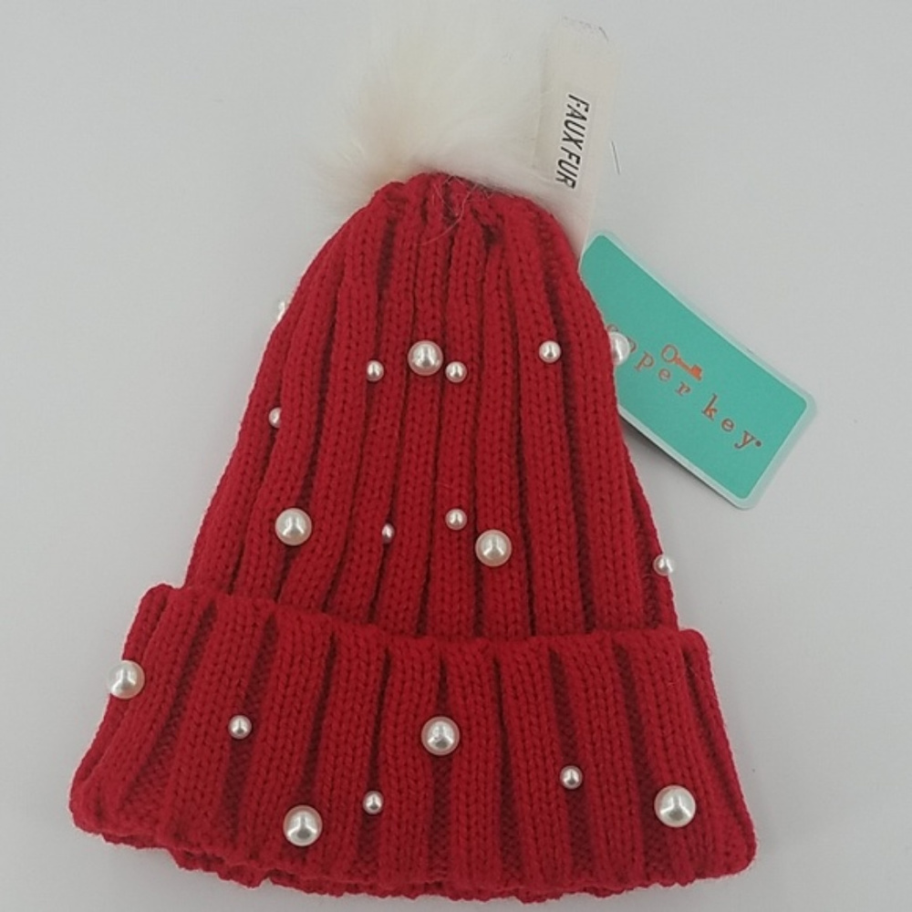Chunky Knit Pearl Detail Faux Fur Pom Beanie